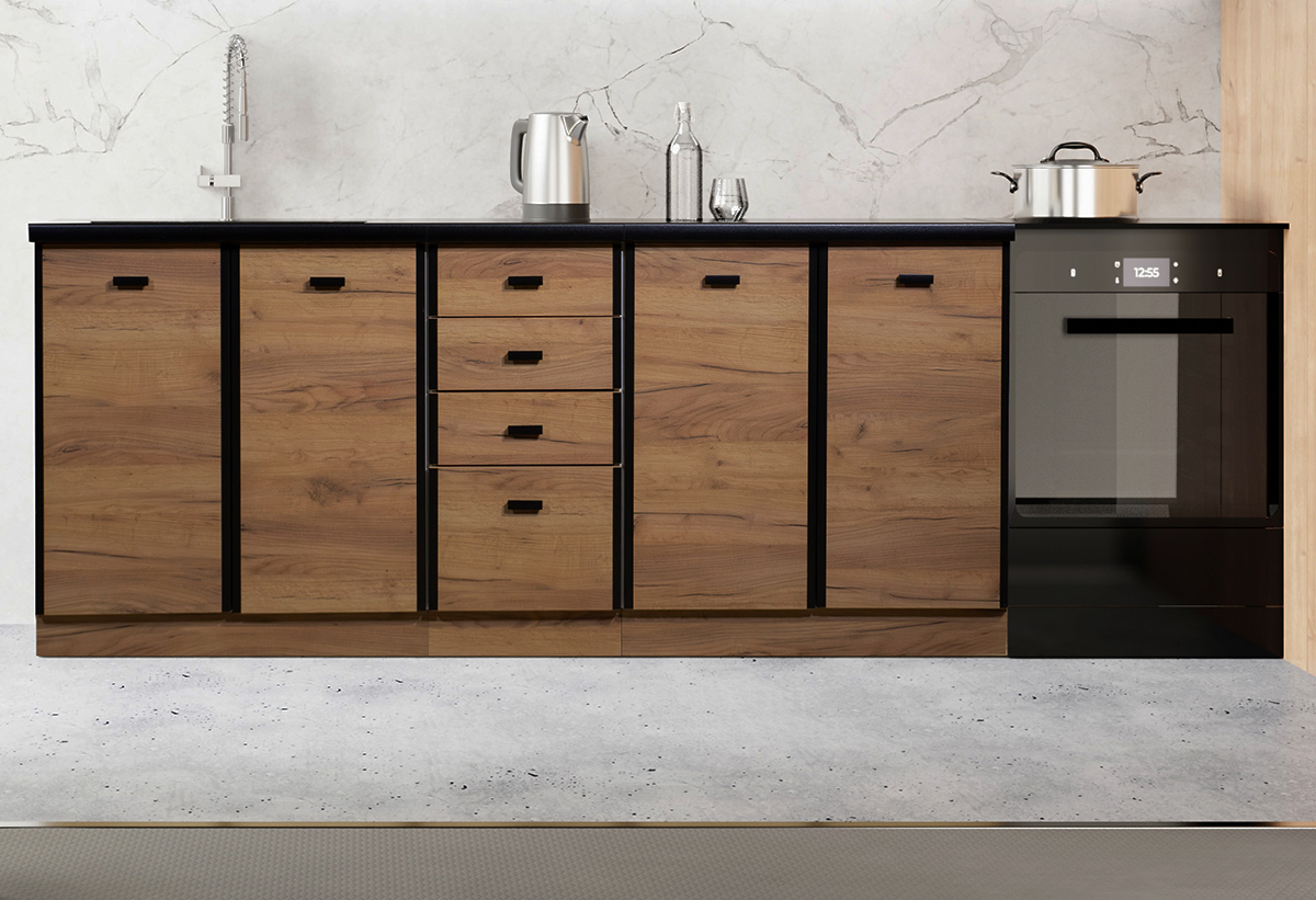 Απεικονίζονται τα ντουλάπια βάσης της έτοιμης κουζίνας.